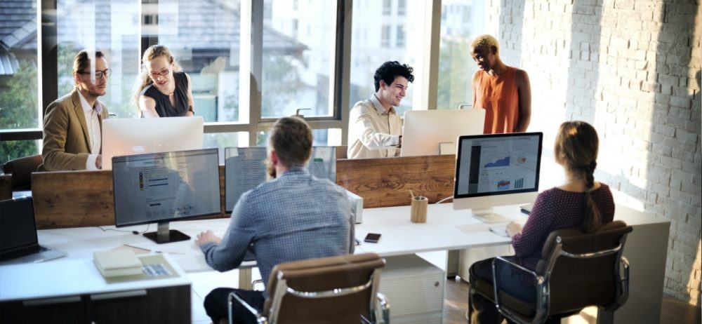 People working at computer screens